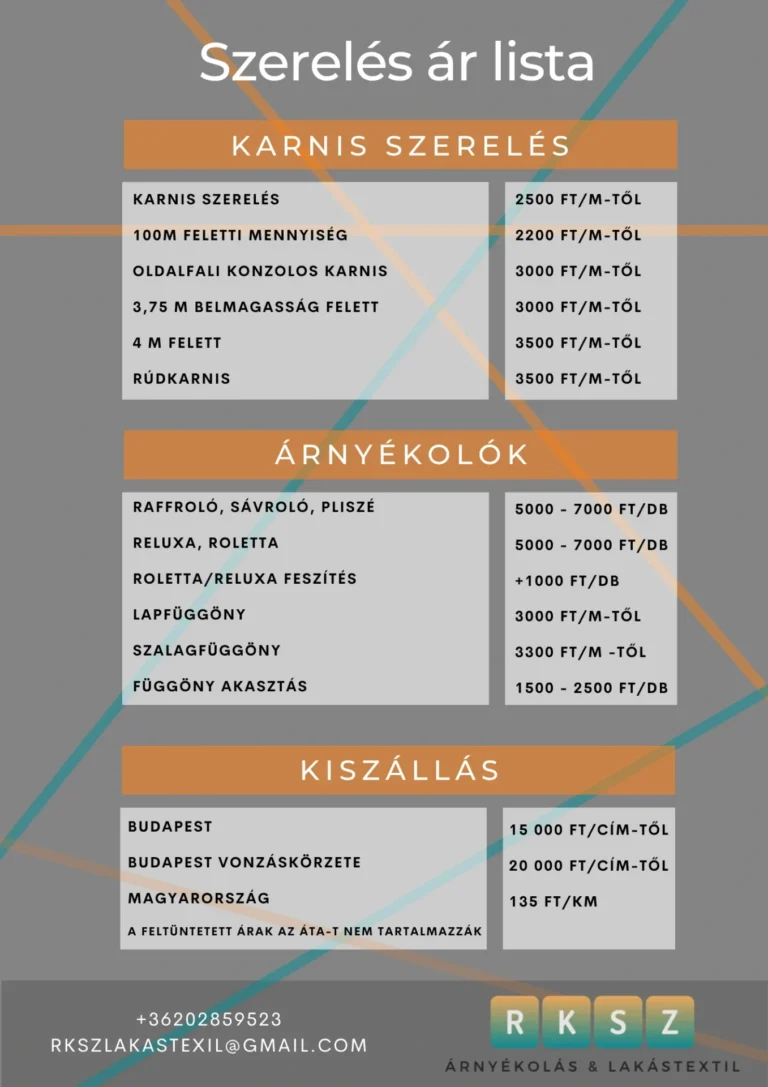 Az RKSZ Árnyékolás Kft. Szerelés ár listája, amiben fel vannak tüntetve a szerelés árak és a kivitelezés költségei.